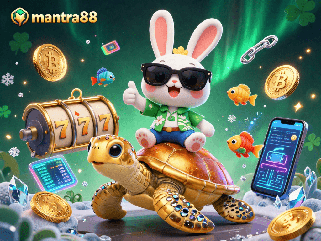 Experience the excitement of mantra88 with the lucky rabbit and golden sea turtle in a vibrant casino scene.