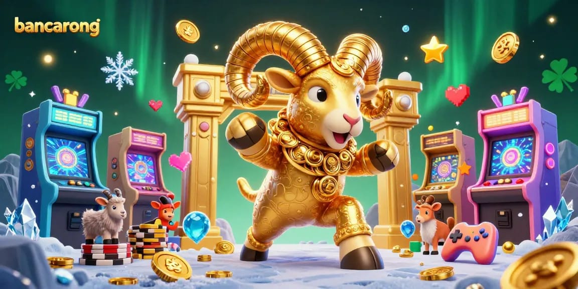 Bancarong showcases a golden ram charging towards a gate while surrounded by vibrant arcade game elements.