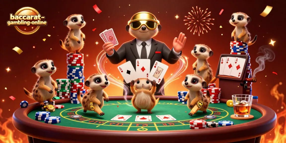 Watch the baccarat-gambling-online meerkats masterfully deal cards in a vibrant casino scene.