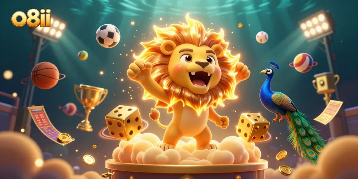 Immersive gaming experience with o8ii featuring a roaring lion and dynamic sports elements.