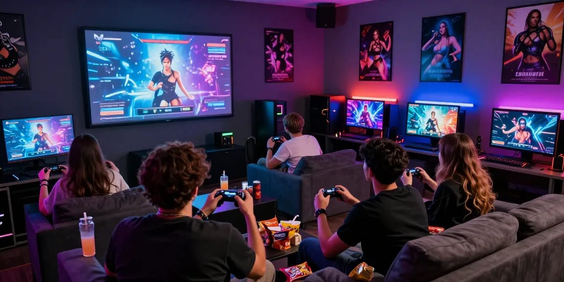 Engaging scene of players enjoying sex games with vibrant lighting and gaming setup