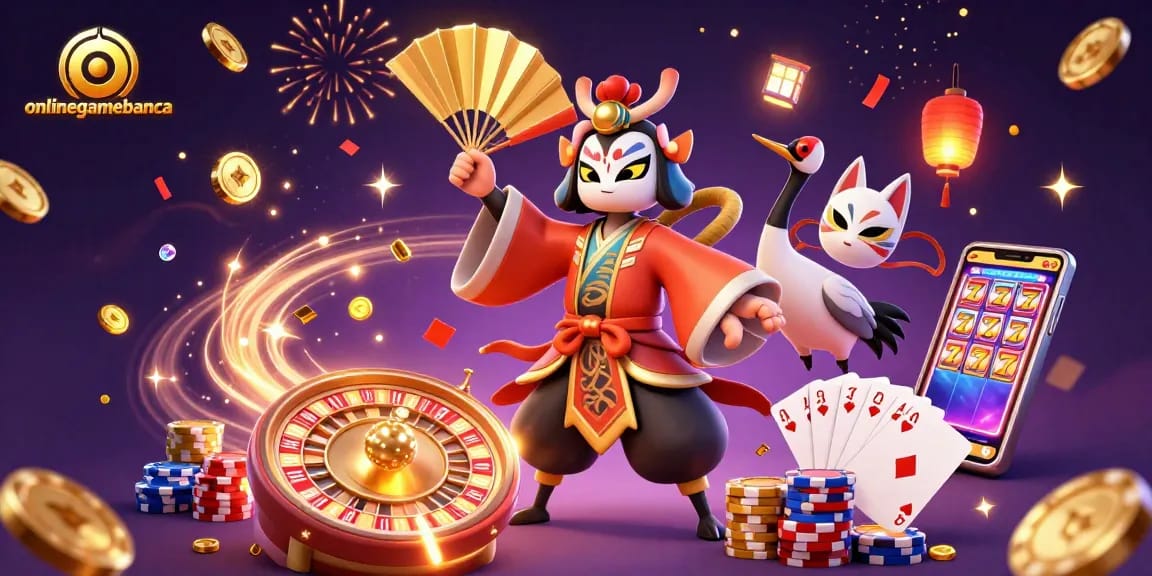 Experience thrilling gameplay at onlinegamebanca with festive 3D casino illustration featuring vibrant characters and gaming elements.