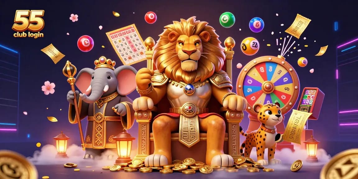 Win big at the 55 club login with dynamic lottery elements and vibrant characters in action.