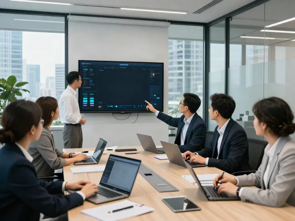 Deepfake protected meetings with a diverse team collaborating in a modern office setting, showcasing secure communication.
