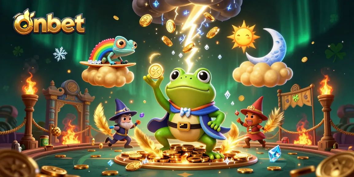 Experience thrilling gameplay at onbet with a vibrant 3D illustration of a gold coin storm and whimsical characters.