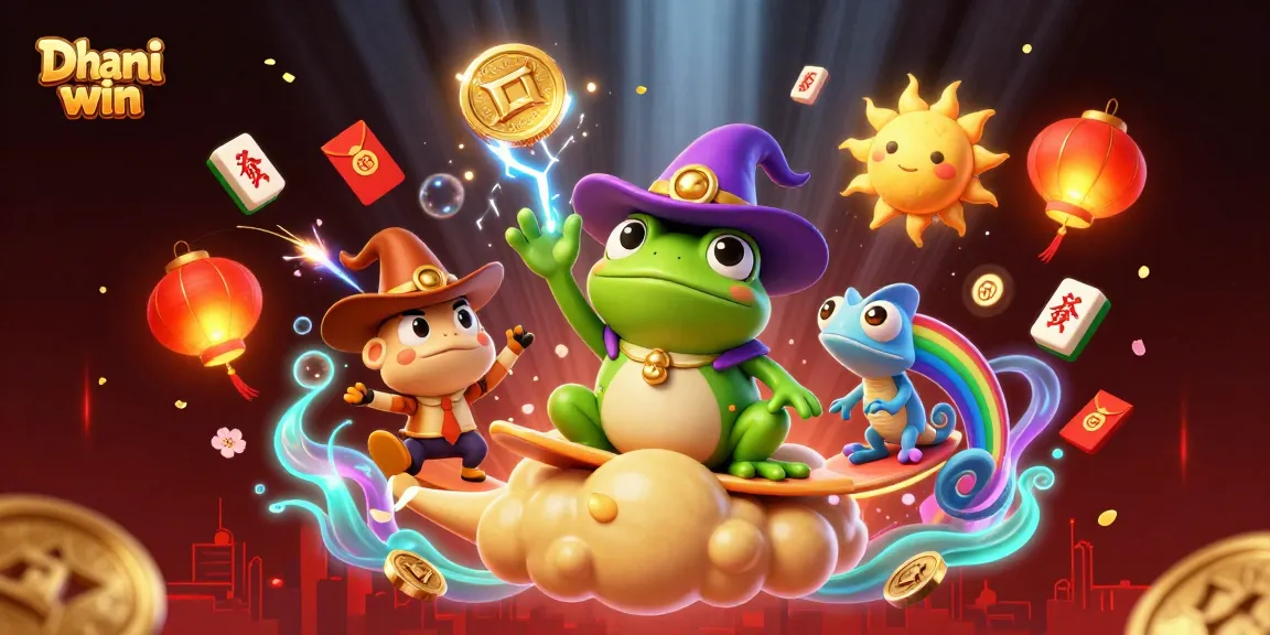 Dhani win gaming excitement illustrated by a frog wizard creating a storm of golden coins.