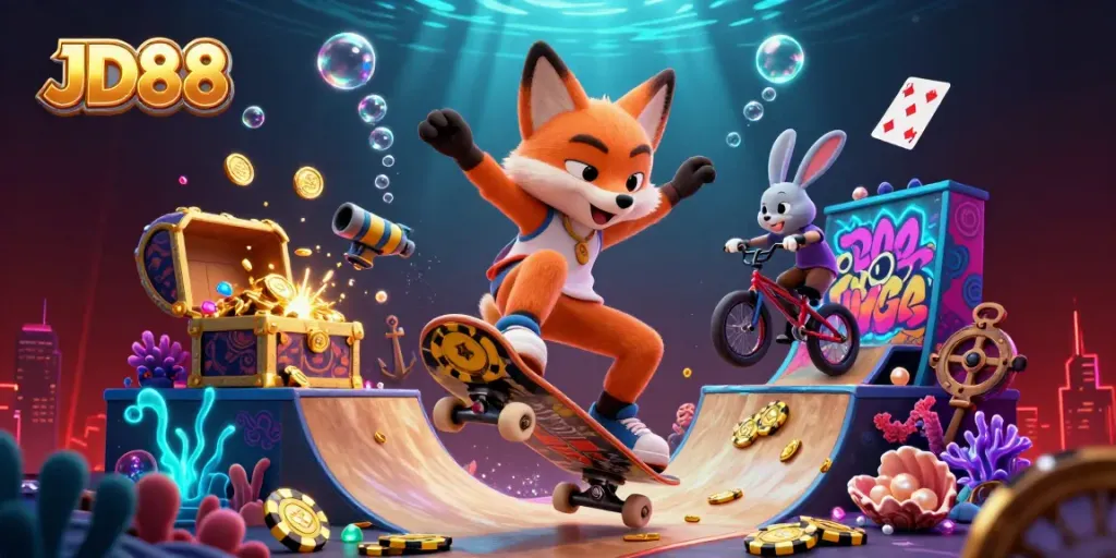 Experience thrilling gaming with JD88, featuring a fox and rabbit in a vibrant casino-themed scene.