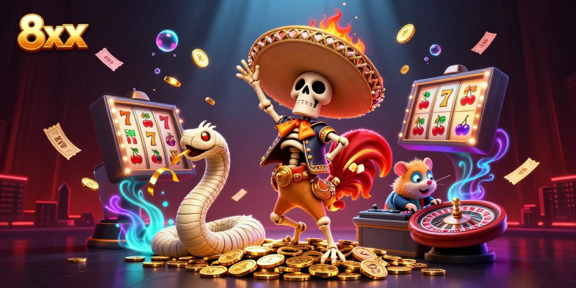 Join the excitement with 8xx: a vibrant casino celebration featuring animated characters and dynamic gaming action.