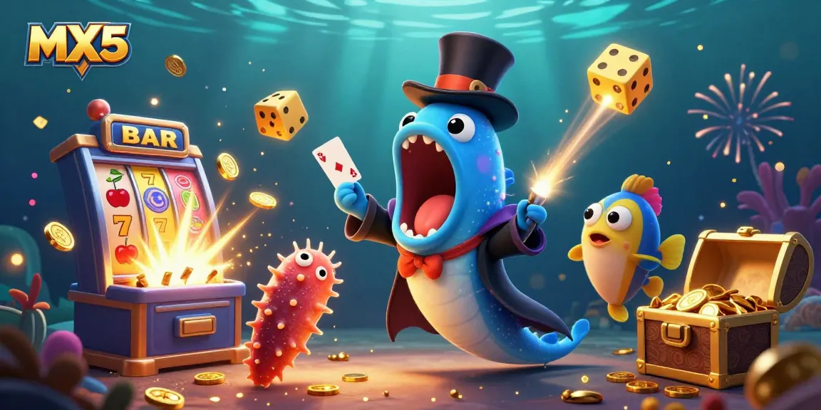 Experience exciting wins with MX5 as vibrant creatures perform cards, surrounded by dynamic casino elements.