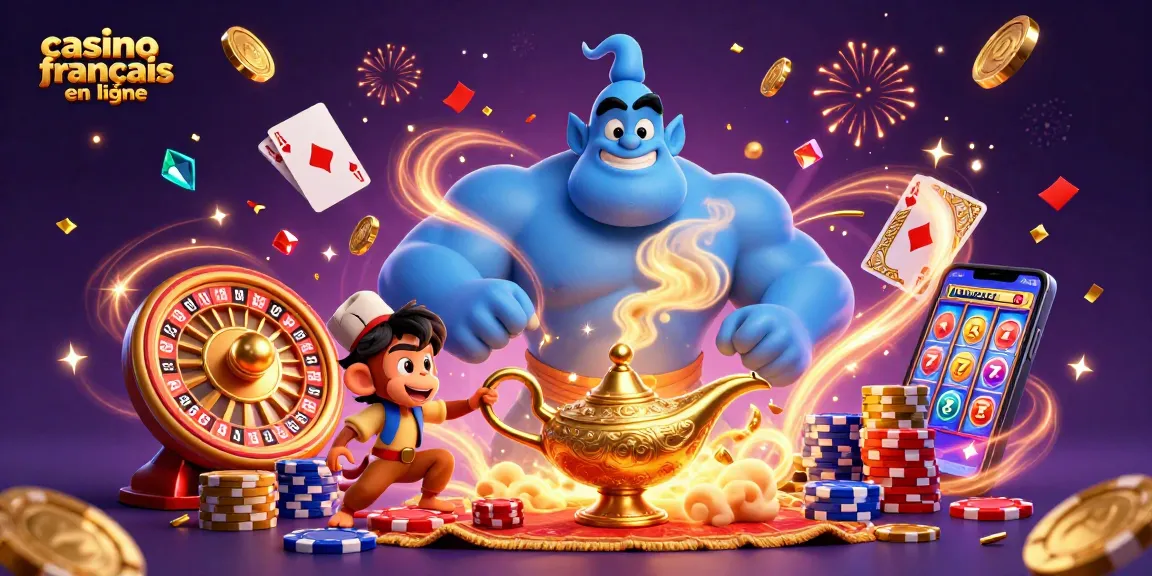 Illustrez votre expérience de casino français en ligne avec un génie bleu et des jetons de poker dans un monde magique.
