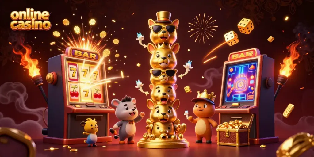 Experience thrilling online casino excitement with golden totem, slots, and vibrant game elements.