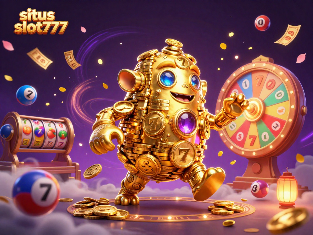 Experience the excitement at situs slot777 with a vibrant slot game scene featuring a golden golem.