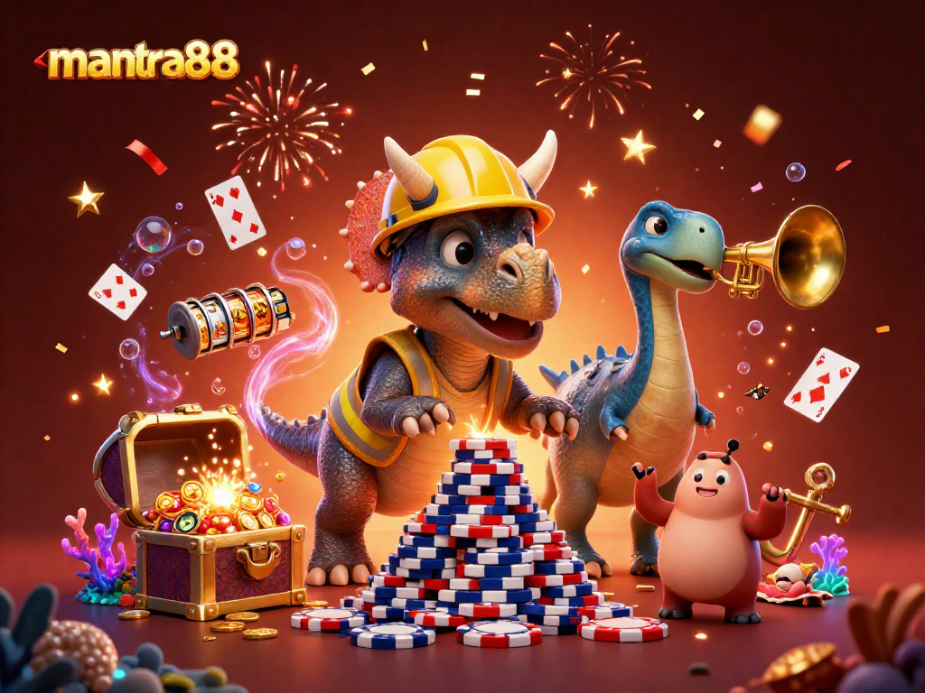 Experience thrilling wins with mantra88 as a triceratops builds poker chip towers in a vibrant casino scene.