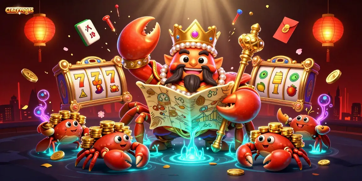 Experience the thrilling action at crazyvegas with a golden crab emperor showcasing vibrant slot reels and festive decorations.