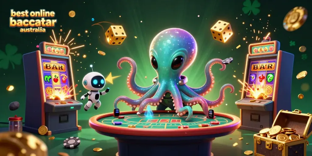 Experience the best online baccarat Australia with a colorful alien-themed casino scene featuring vibrant characters and games.