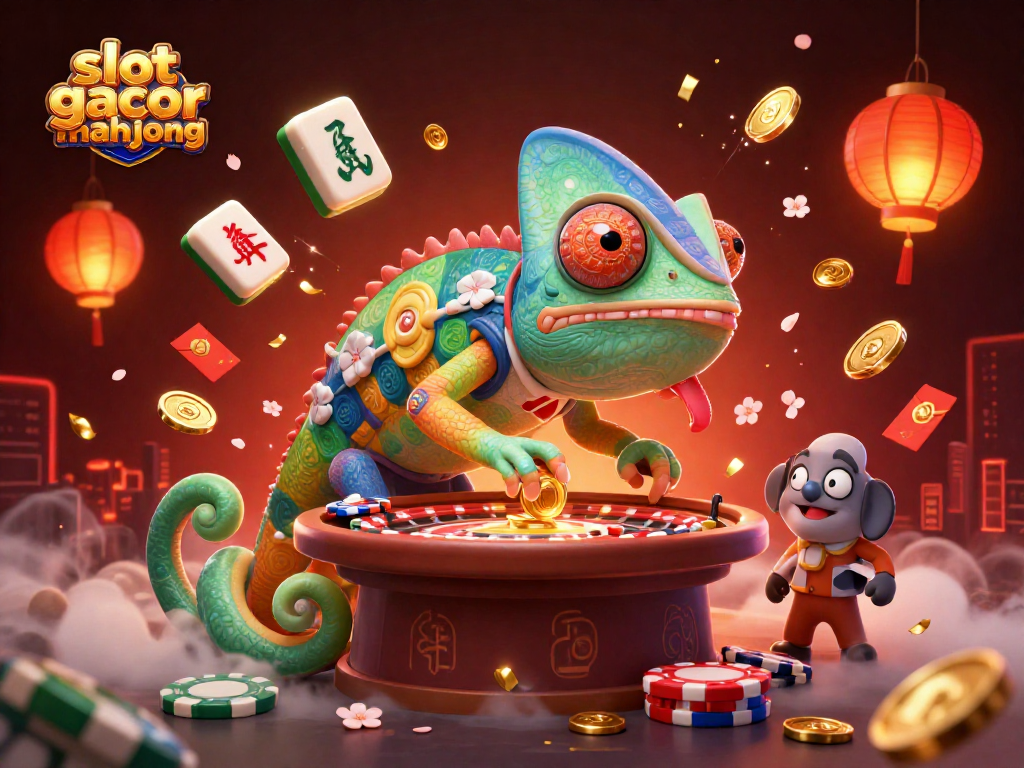 Experience the thrill of slot gacor mahjong with colorful chameleon casino owner and floating mahjong tiles.