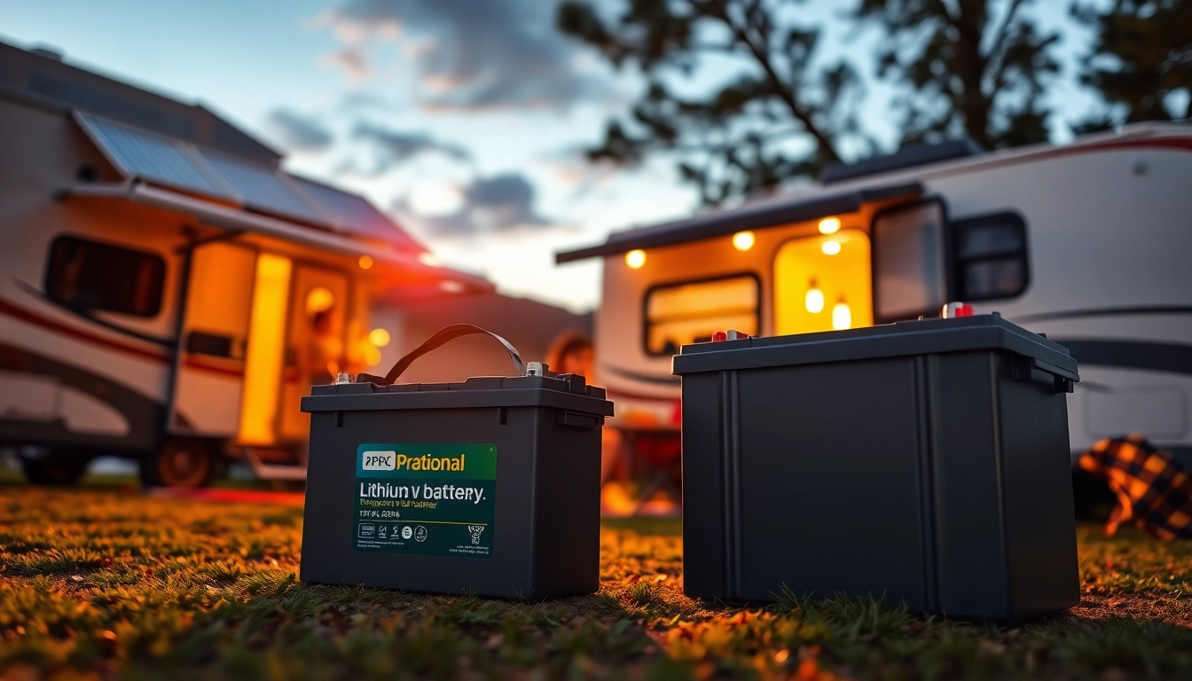 Showcasing lithium RV batteries in a beautiful camping atmosphere, emphasizing energy sustainability.