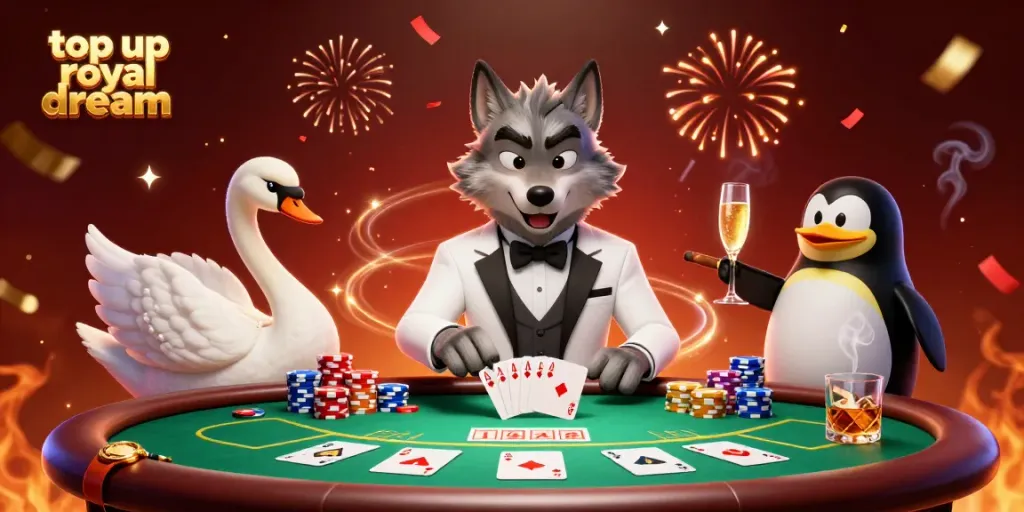 Aksi top up royal dream di Flazz Gaming dengan karakter kasino dan elemen permainan menarik.
