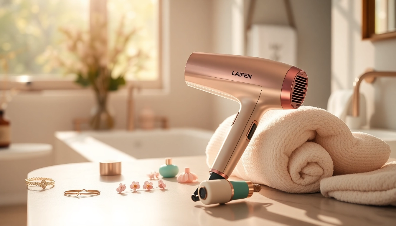Stylish Laifen blow dryer showcased on a countertop with elegant accessories.