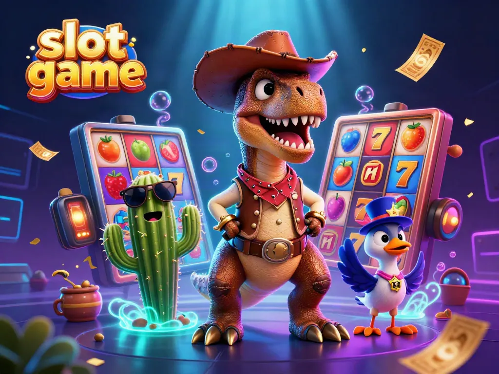 Permainan slot yang menggembirakan dengan karakter T-Rex dan teman-temannya, dikelilingi simbol slot yang cerah.