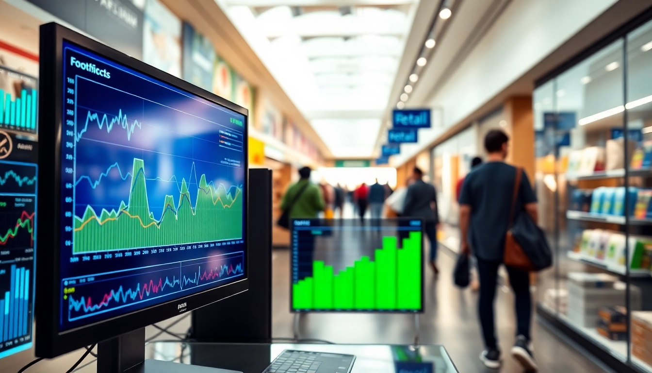 Visualize retail footfall analytics as dynamic graphs show shopper patterns in a busy retail environment.
