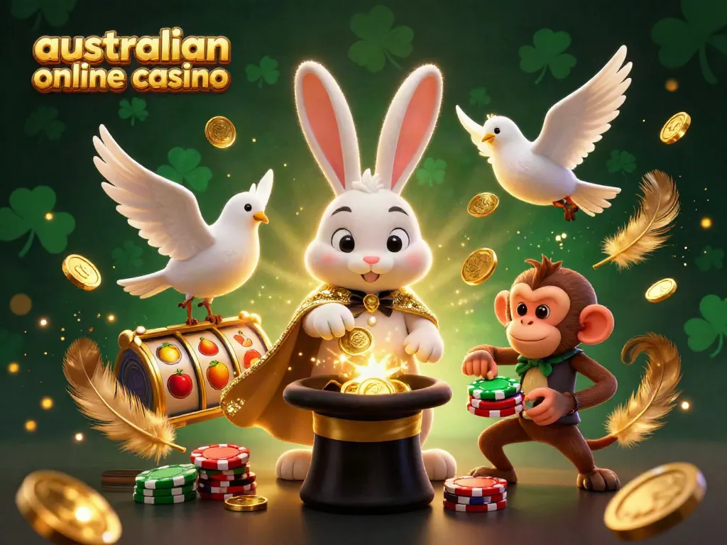 Experience the magic of australian online casino with lively characters and dynamic gaming elements in this vibrant illustration.