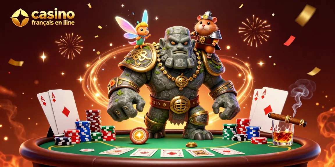 Illustration représentant un casino français en ligne avec un golem gardien, une fée et un hamster chevalier jouant aux cartes.