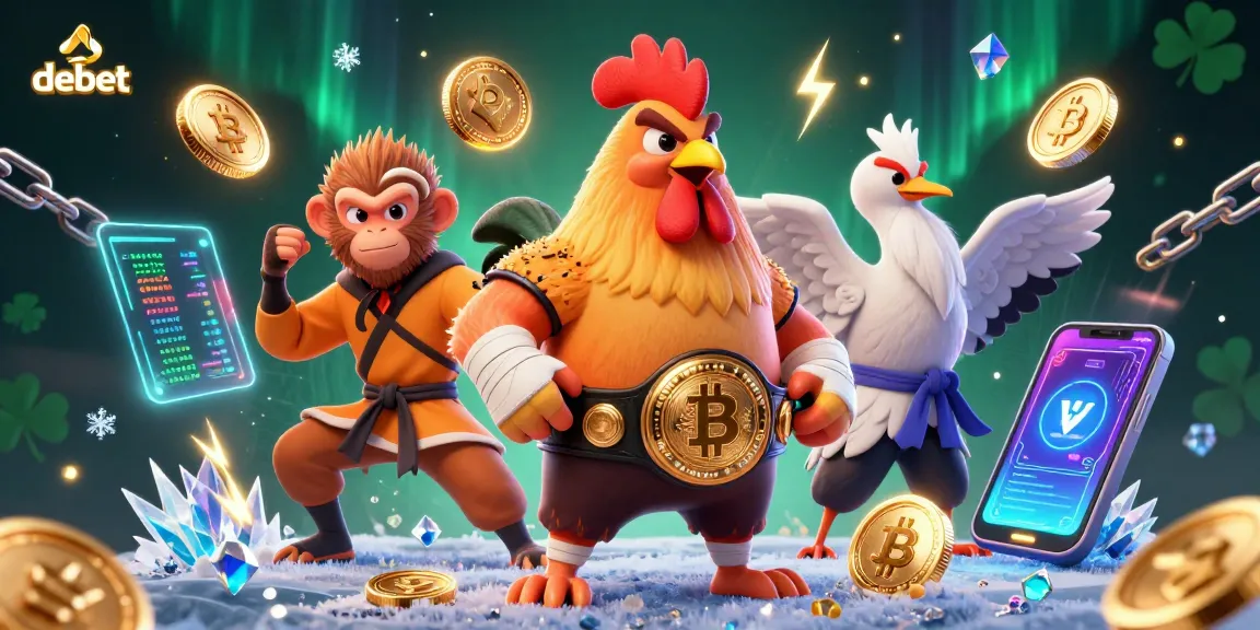Engaging betting scene with debet-themed characters in a vibrant 3D casino illustration, featuring crypto elements.