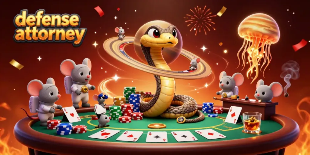Bet on the defense attorney in this gambling-themed cosmic scene with vibrant characters and rich details.