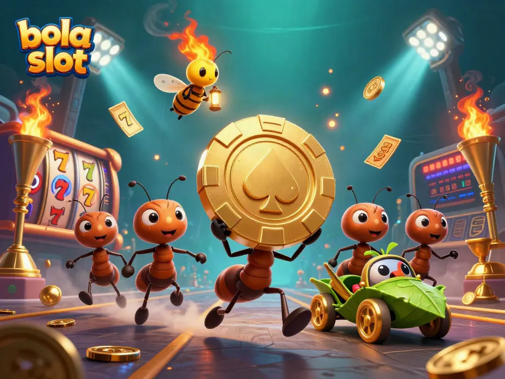 Bola slot adventure featuring a heist by ants with gold poker chips and vibrant casino elements