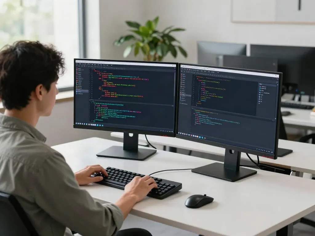 Developer coding on dual monitors in a modern office with emphasis on brave浏览器 features.
