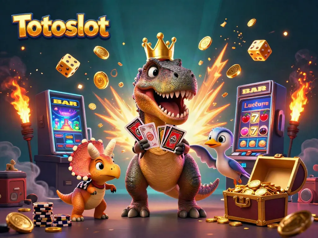 Bermain Totoslot dengan T-Rex lucu dan karakter lainnya dalam ilustrasi kasino yang kaya detail.