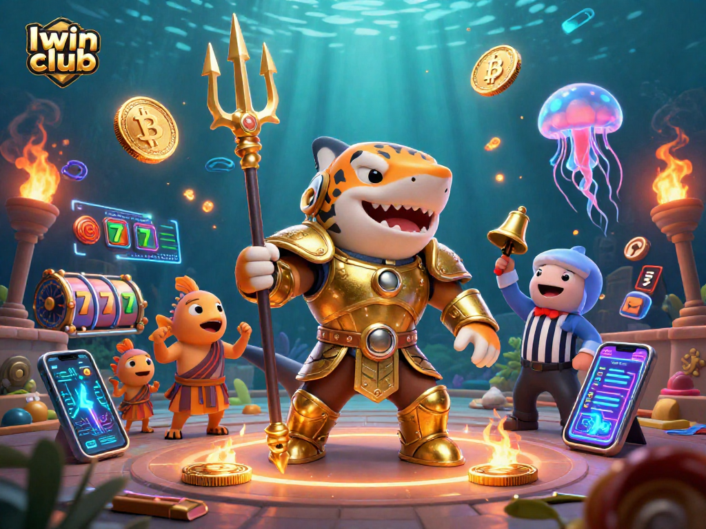 Iwin club showcases an aquatic gambling scene with a golden-armored tiger shark and vibrant slot machines.