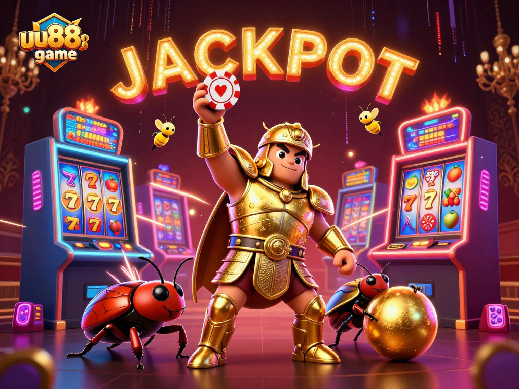 uu88game adventure: the victorious beetle celebrates a jackpot win in a vibrant casino setting