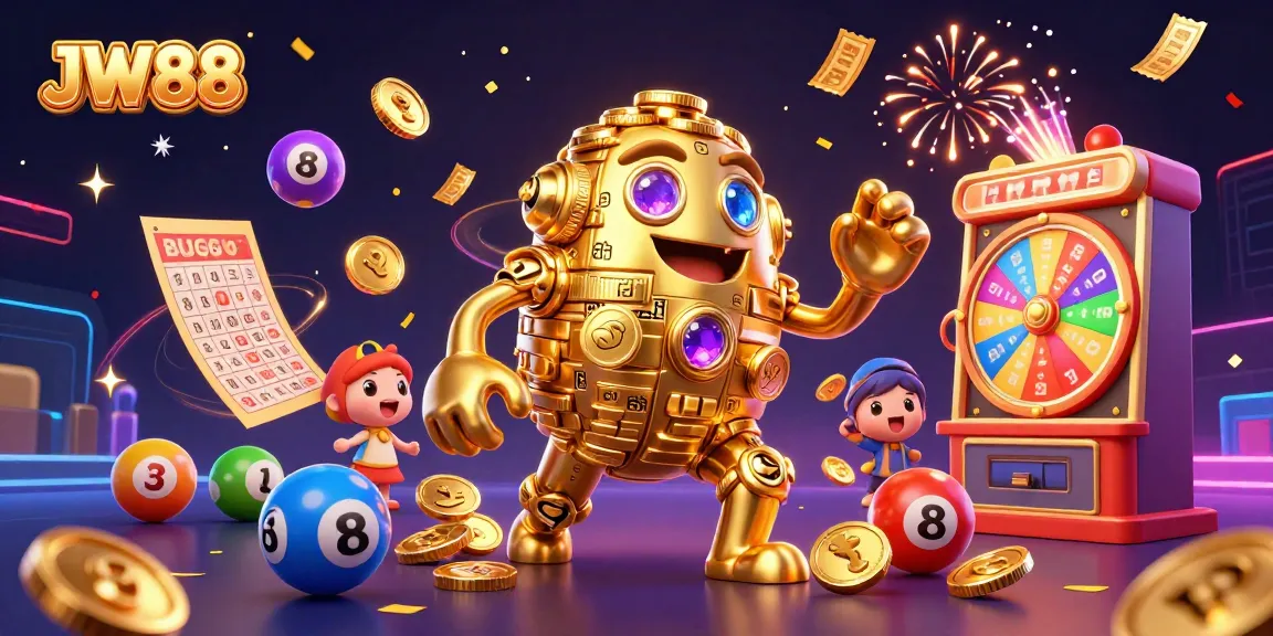 Win big at JW88 with an engaging gold golem surrounded by dynamic lottery elements.