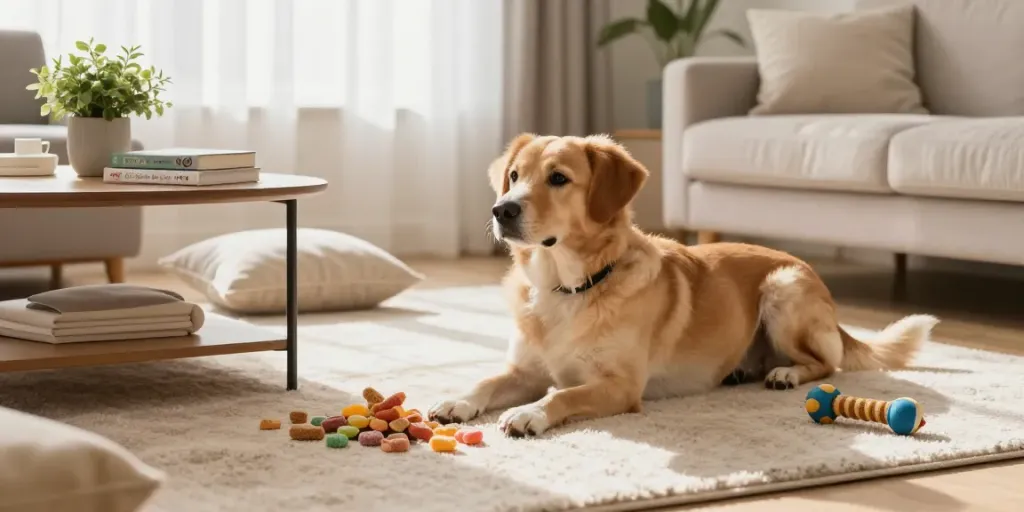 Relaxed dog enjoying Calming Dog Treats in a cozy living room.