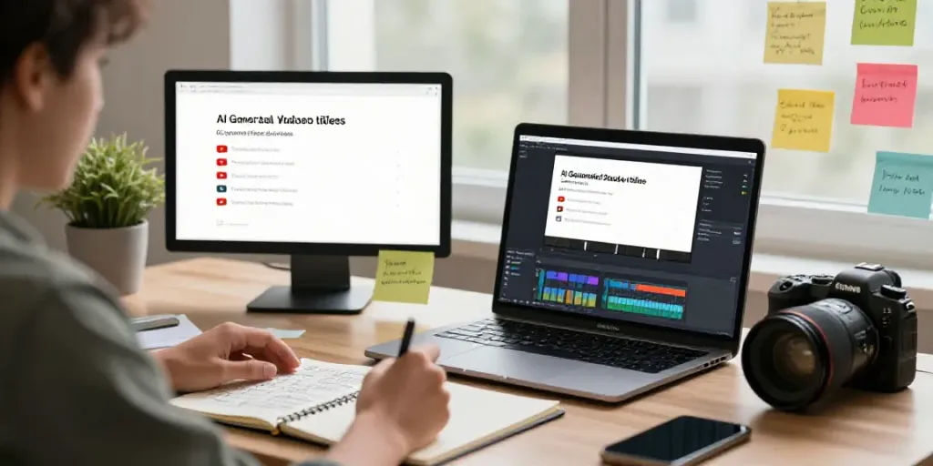 Creating AI generated YouTube video titles in a vibrant workspace.