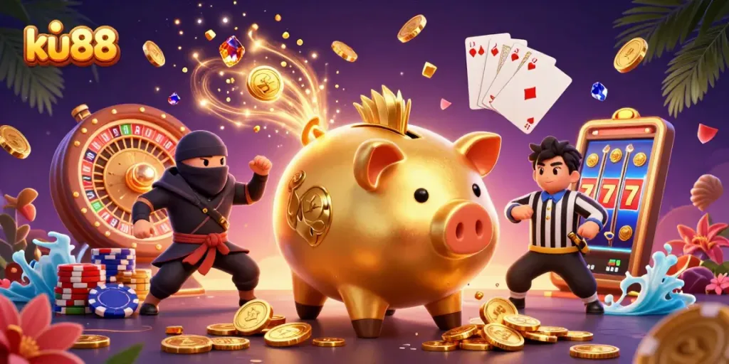 Experience excitement with ku88 as the golden piggy bank sumo wrestler stomps for coins in this dynamic casino scene.