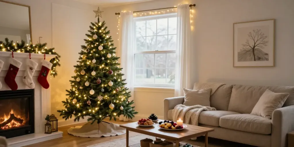 Beautifully decorated pre lit pencil slim christmas tree in a cozy living room during the holidays, creating a warm festive atmosphere.