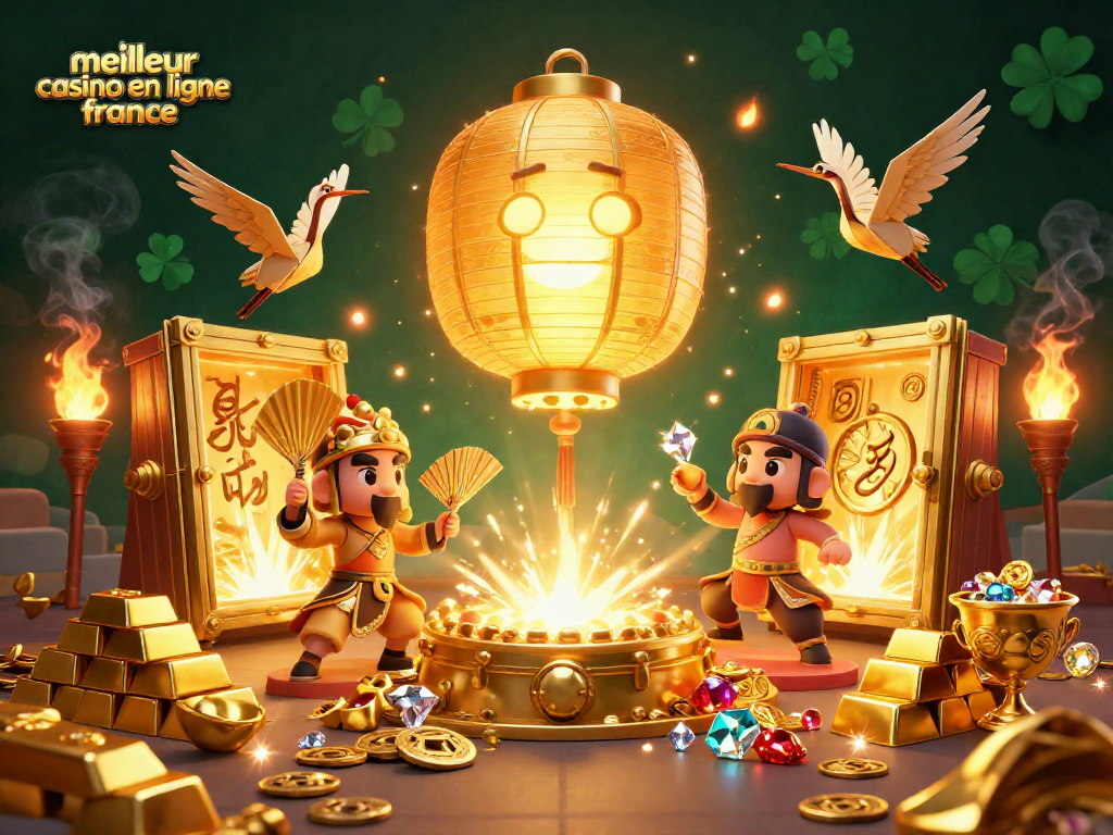 Explorez le meilleur casino en ligne France avec une scène dynamique de jeux et de symboles chanceux.