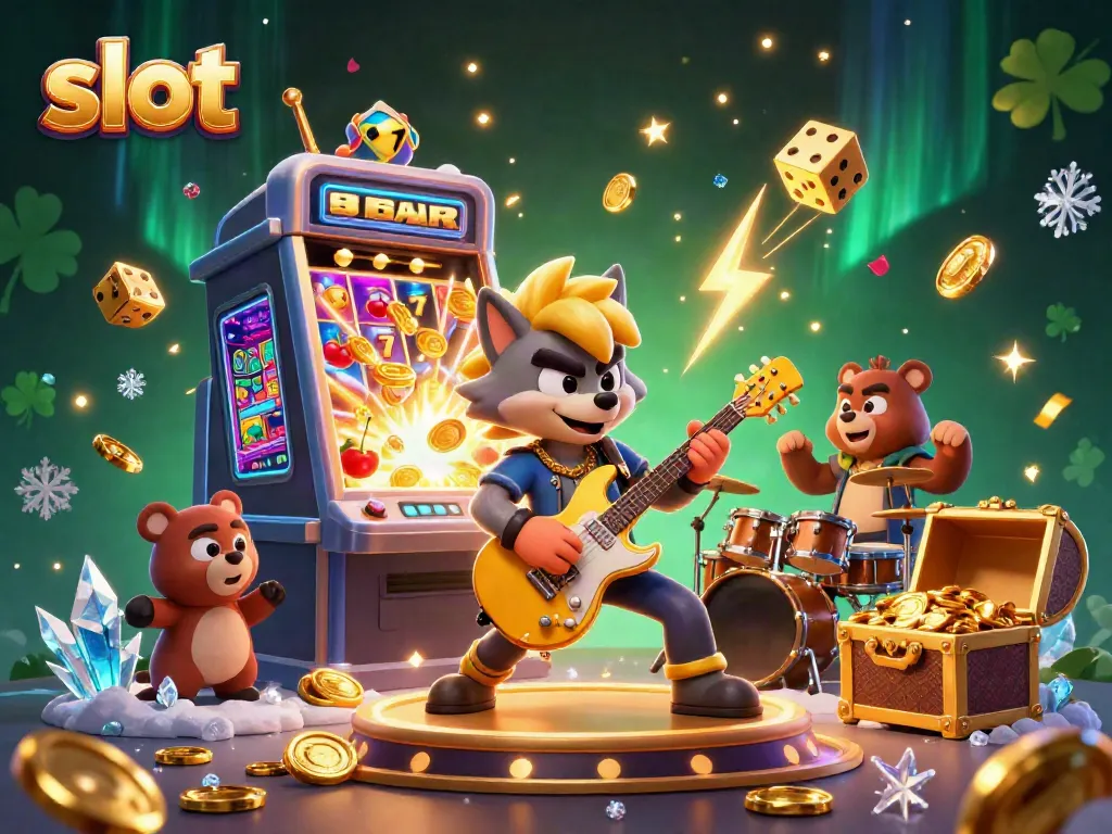 Slot permainan yang menarik dengan bintang rock serigala dan beruang drummer di panggung, dikelilingi oleh mesin slot jackpot dan harta karun.