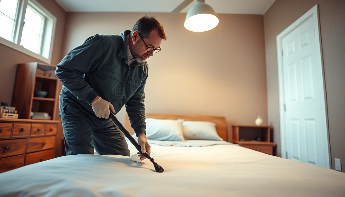 Effective bed bug control with a pest control expert inspecting a bedroom for signs of bed bugs.
