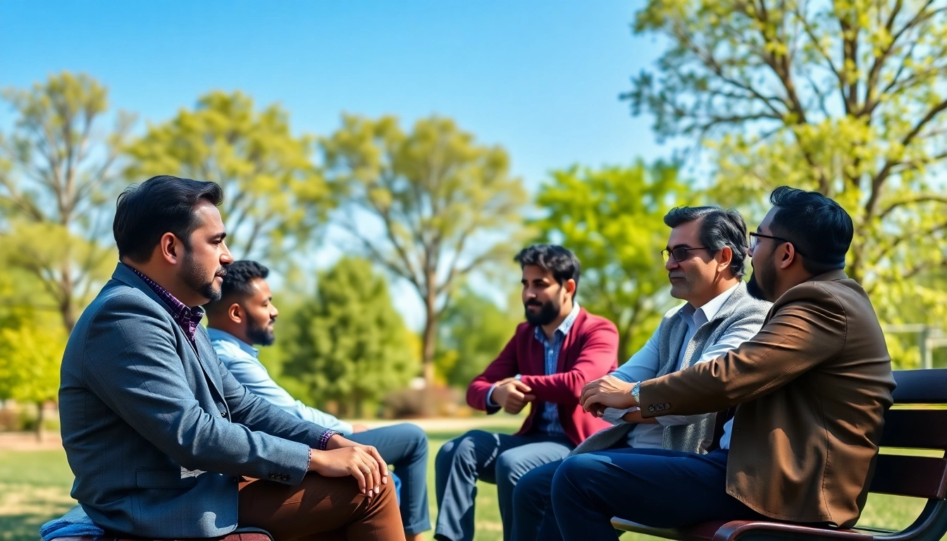 Encouraging discussion about men's mental health month among diverse men in a park setting.