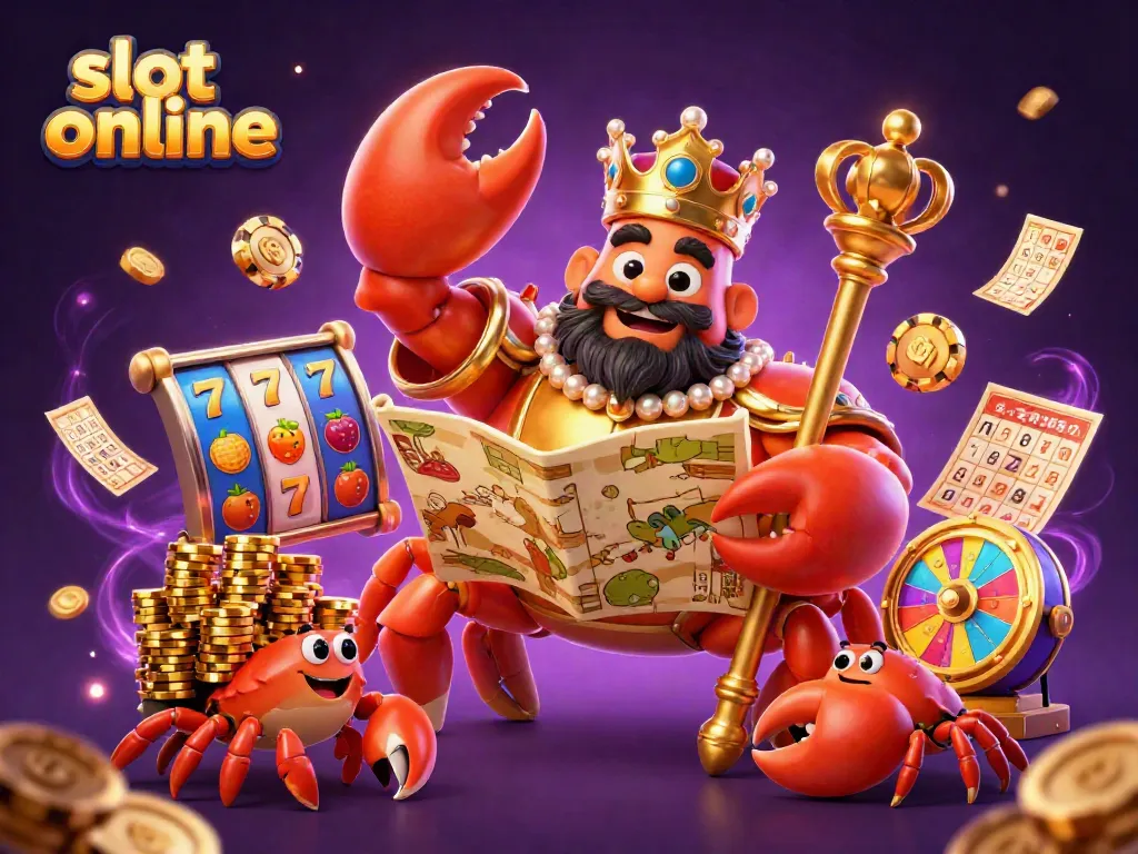 Spin the reels with our lively 'slot online' scene featuring a golden crab emperor among vibrant slot elements.