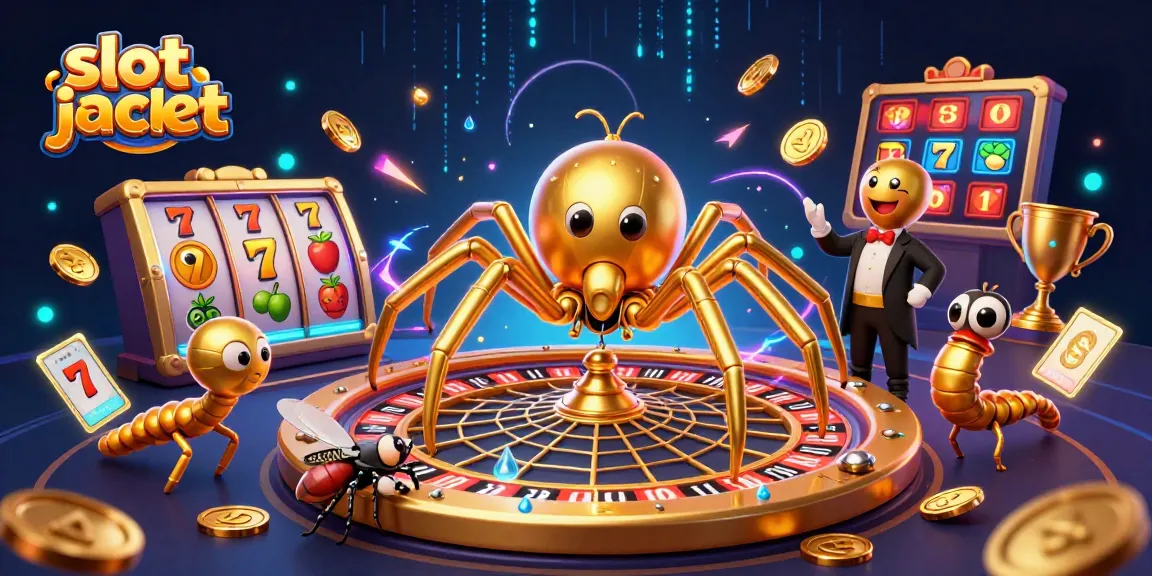 Judul gambar menggambarkan slot jackpot dengan laba-laba emas bermain di kasino.