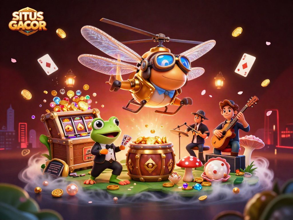 SITUS GACOR - Experience excitement with slot games in a vibrant lily pad casino illustration.