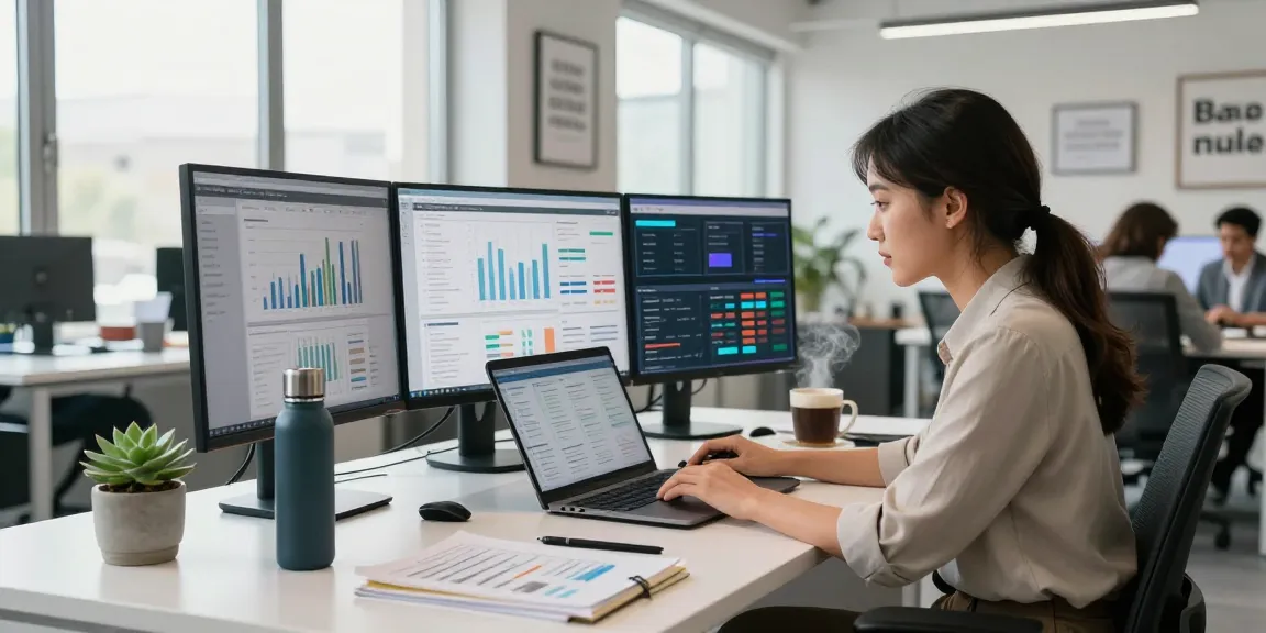 This page shows a professional woman analyzing digital marketing data in a bright office, reflecting a data-driven approach.