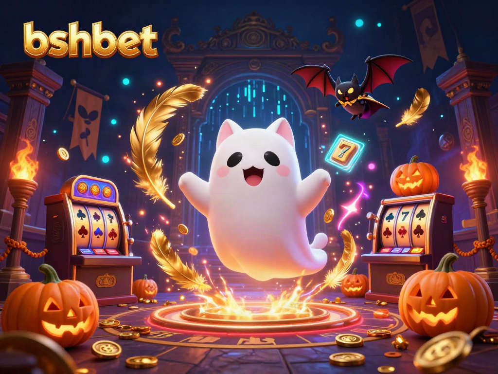 bshbet's ghost cat and vampire bat exploring a haunted casino with festive jack-o-lanterns.