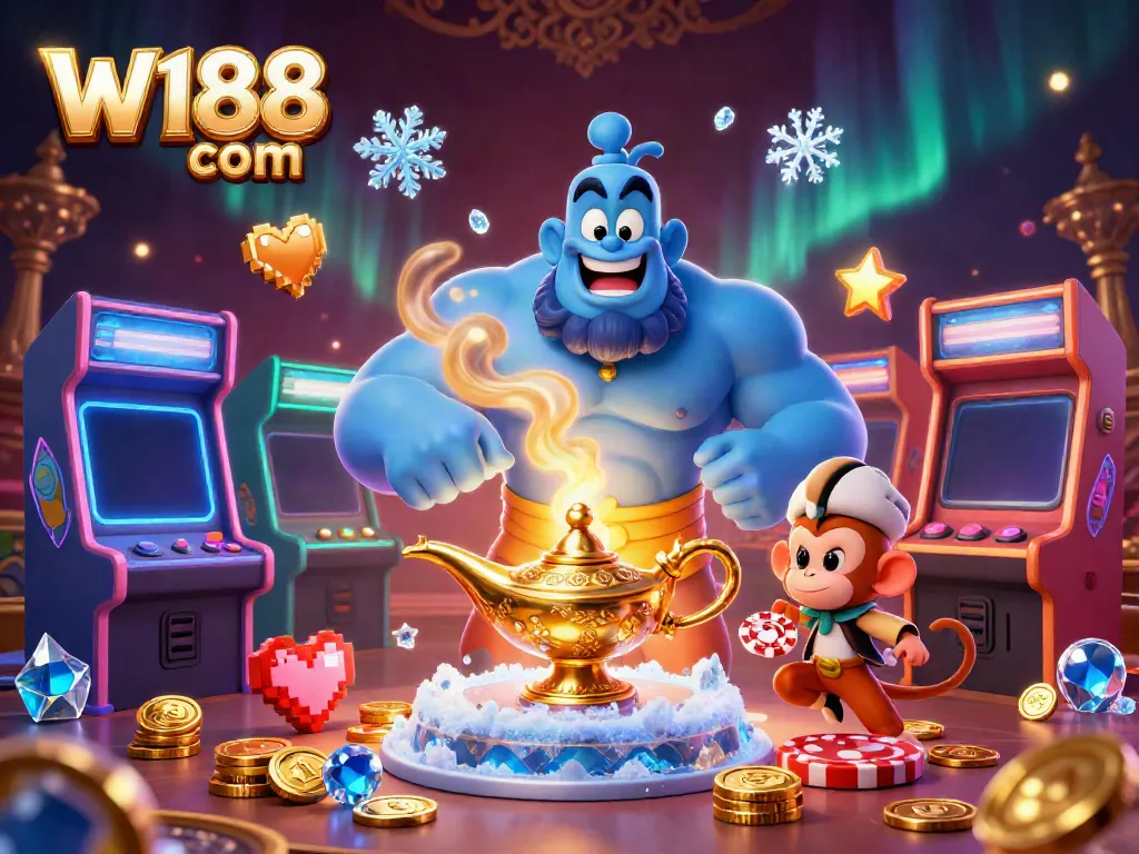 Experience the excitement of W188 com with a genie, monkey, and magic carpet amidst colorful casino elements.