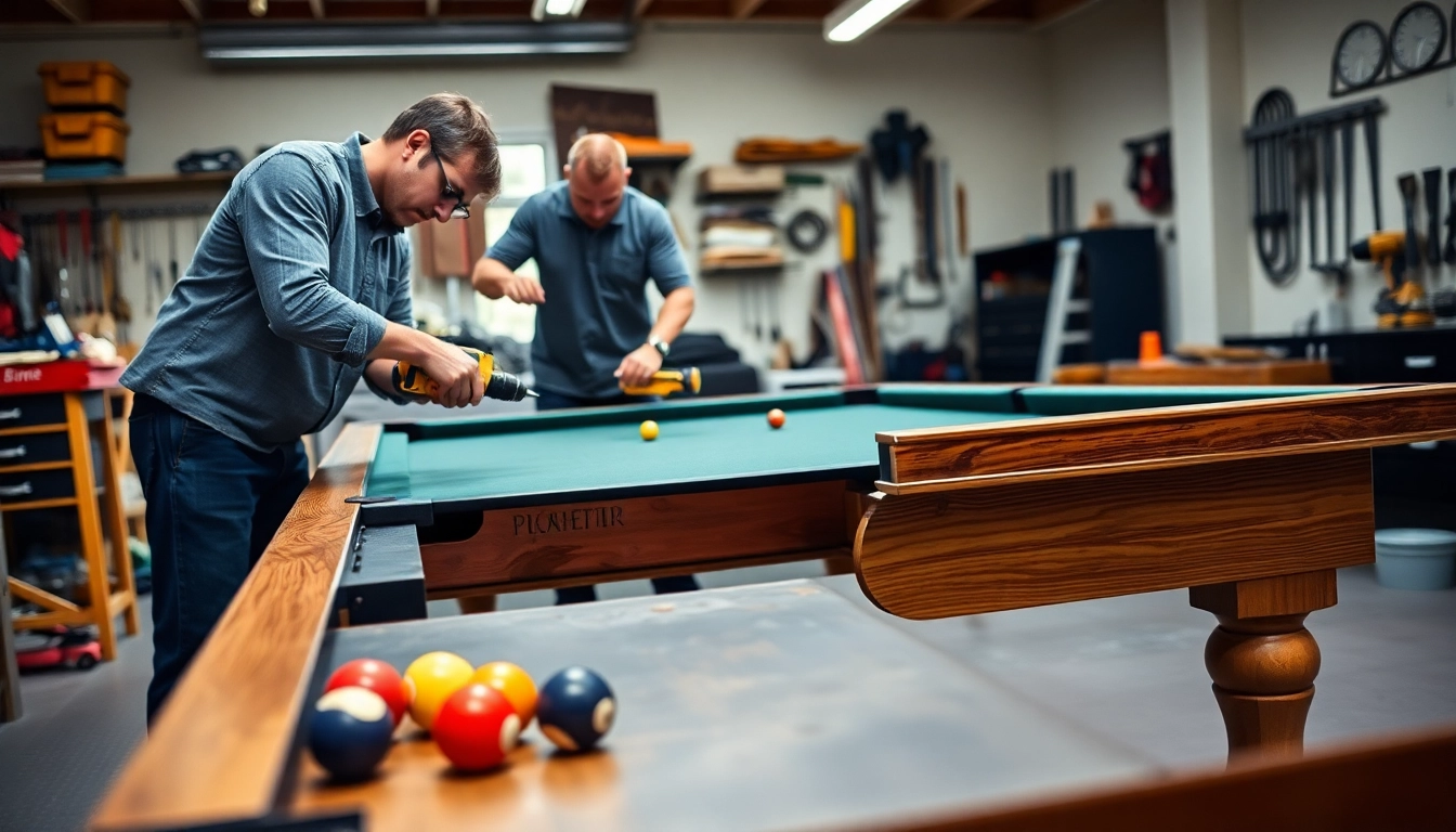 Process of Pool Table Disassembly being executed with tools and parts in a professional setting.